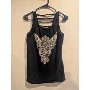 Los Angeles Bus Stop 1x Women's Black Angel Wings Lace Up Tank Top Biker Rider